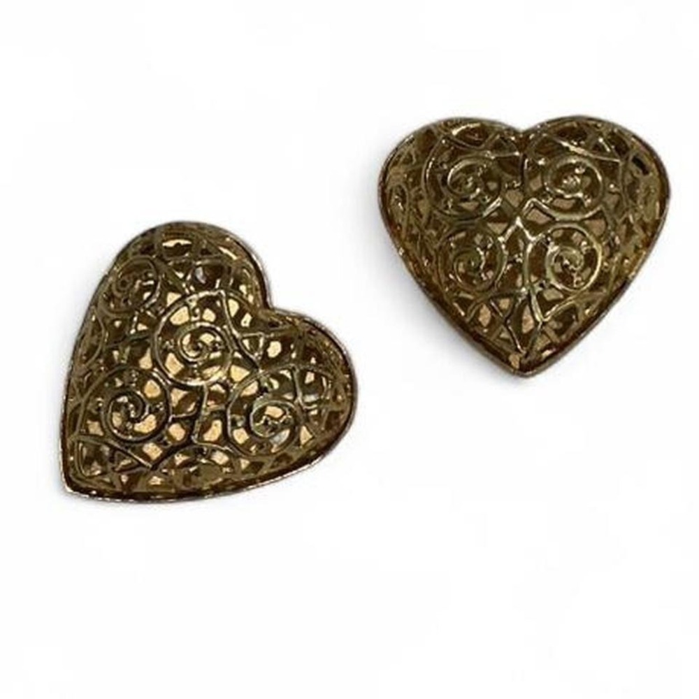 Gold Tone Filigree Heart Clip On Earrings Vintage